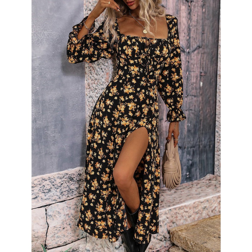 Black yellow Floral Print Flounce long Sleeve Knotted Split Thigh midi Dress - Picture 2 of 11